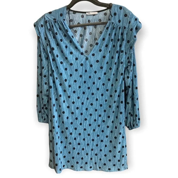 ZARA Polka Dot Mini Dress Blue & Black Ruffle Shoulders V Neck Medium - Picture 1 of 5